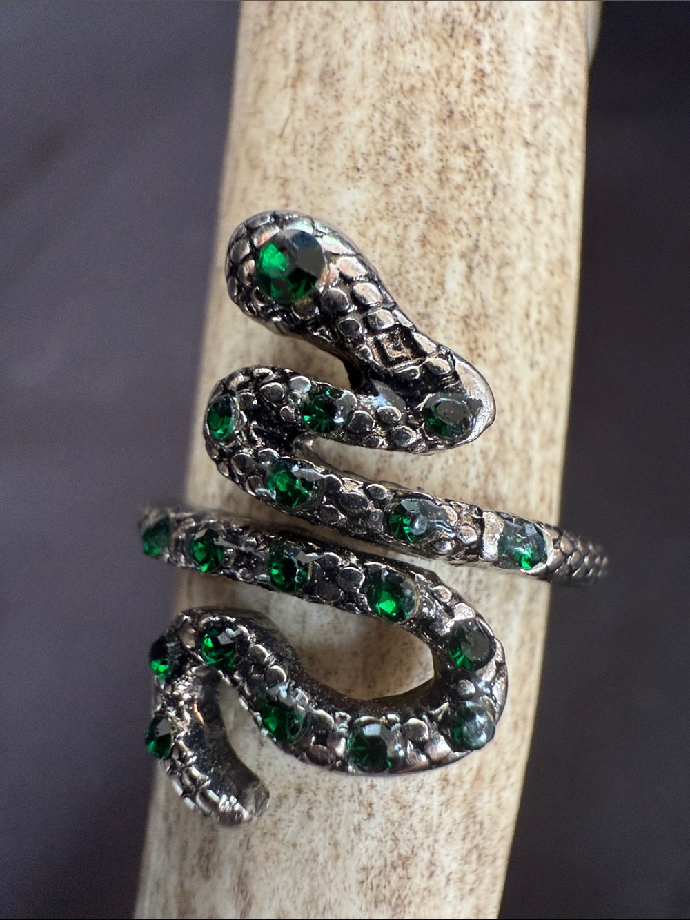 Emerald-Accent Snake Wrap Ring - Green Stones